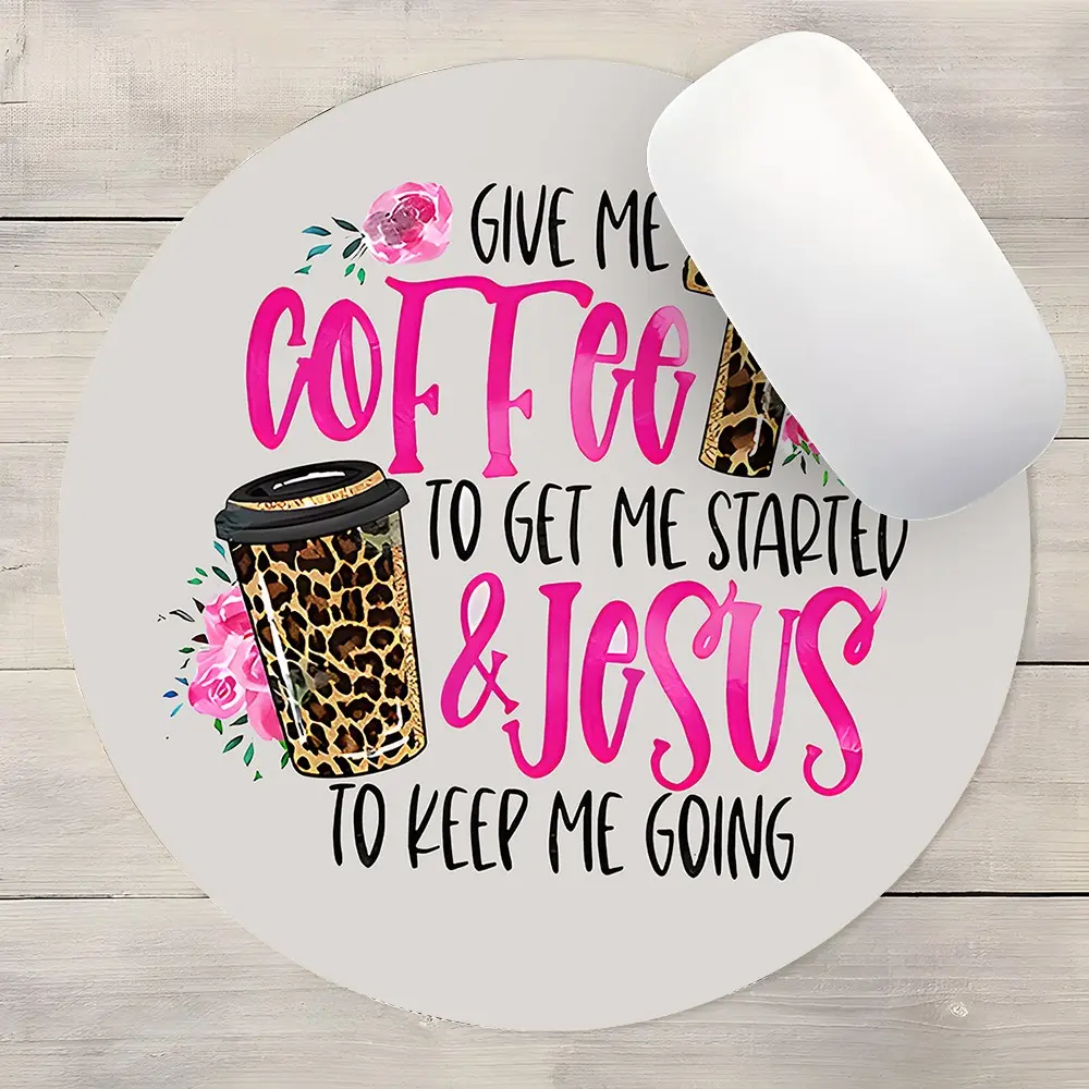 Coffee and Jesus Leopard Print Design Lettering Round Gaming Mouse Pad, Desktop Decorative Protective Pad, Rubber Anti-slip Lockedge Work Pad, Non Slip Mousepad, Small Size for Laptop, Desktop Games, Work, Family, Desk Accessories, Mouse Pads For Desk