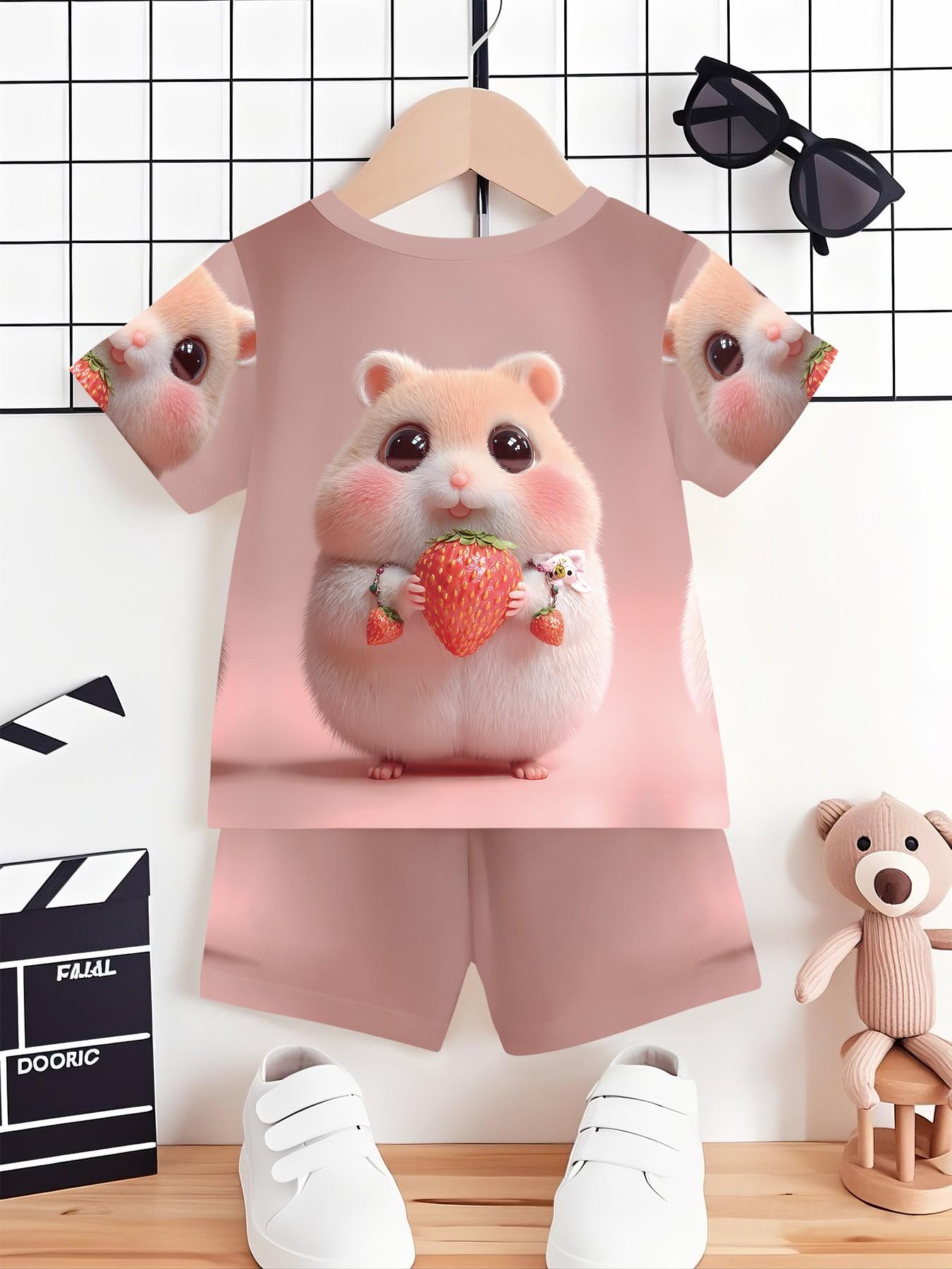 Strawberry Cute Mouse Sweet Fun Girls' Baby Set with Digital Printing, 100% Polyester Baby Short Sleeve Set, Adorable Casual Clothing for Baby Girls, T-Shirt Suitable for Daily and Outdoor Sports, Perfect Gift for Infants