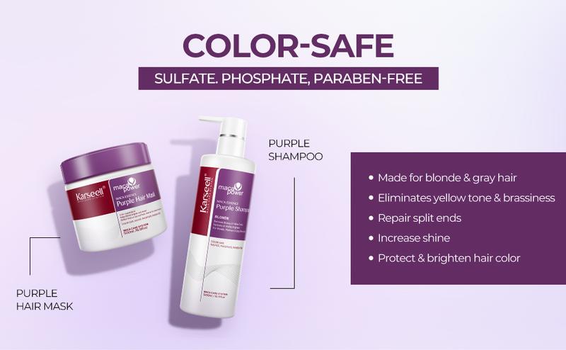 Karseell maca power Purple Hair Mask and Purple Shampoo Set, Neutralizes Brass & Yellow Tones for Blonde, Gray, Silver Color Treated Hair, 2 x 16.9floz Haircare Silky Smooth Moisturizing Uv