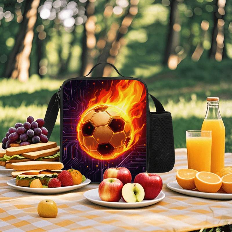 "Flaming Soccer" Insulated Lunch Bag — Features Adjustable Shoulder Strap, Top Handle, and Mesh Side Pocket — Leak-Proof Lunch Tote for Work, Commuting, Picnics, and Travel