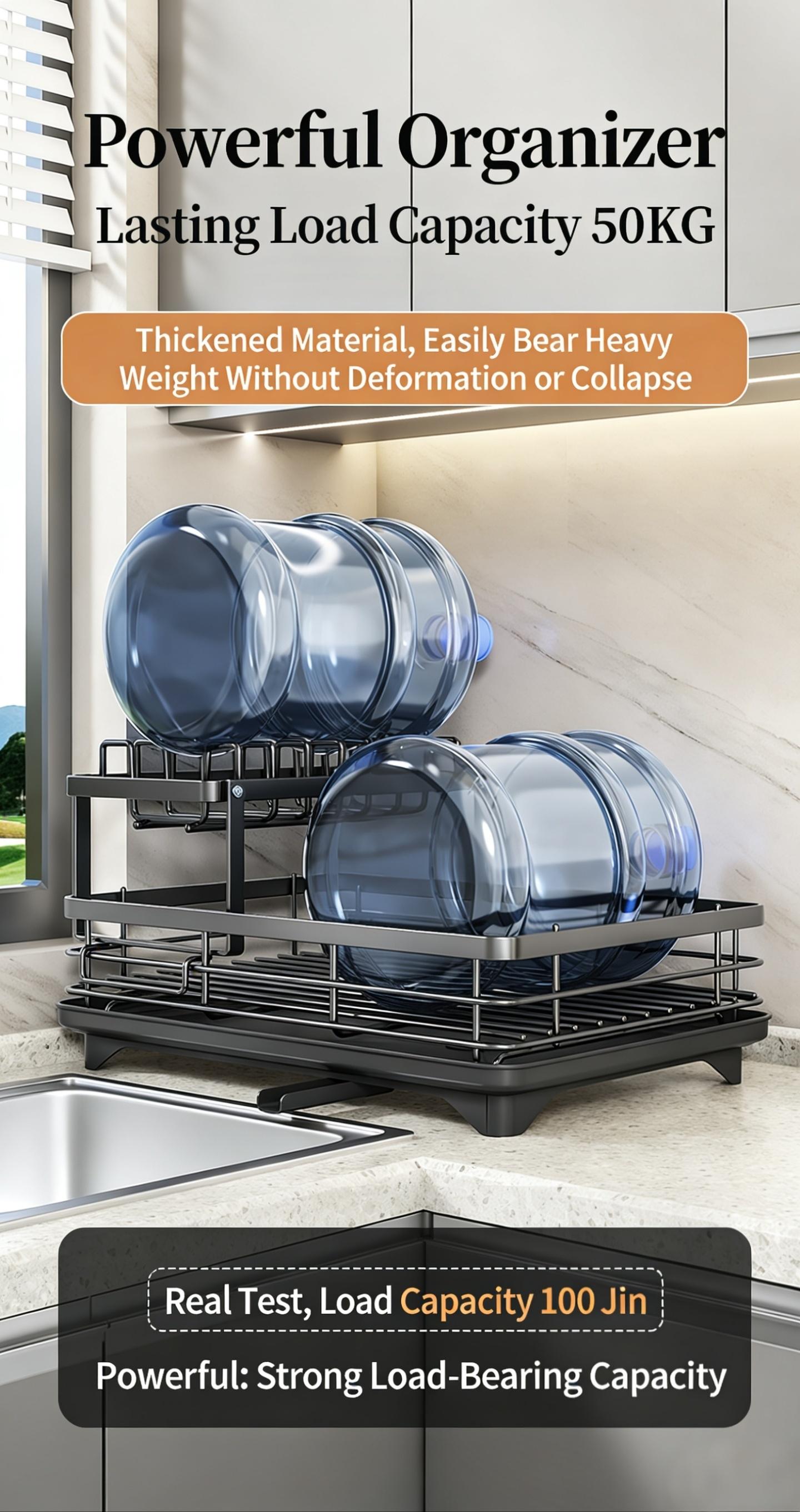 Two-Tier Large Metal Dish Rack for Kitchen Countertops, Space-Saving & Durable Design, Includes Slots for Knives Forks Cup Holders