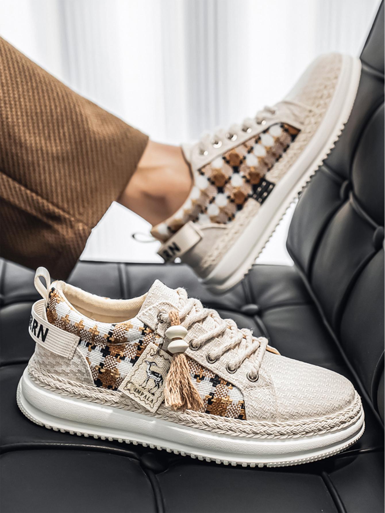 Summer New Men's Retro Plaid Laces, Braided Rope Shoelace Design, Easy-On-Off Hemp Laces, Commuter & Casual Shoes, Versatile Footwear