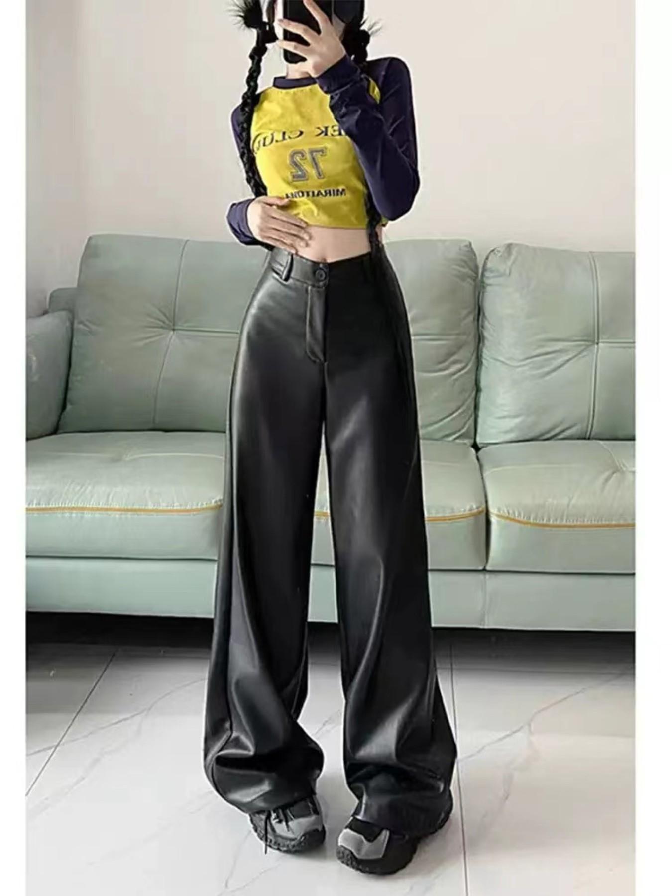 Trendy High-Waisted Wide-Leg Leather Pants, Slimming Straight-Cut Design, Streetwear Versatile Long Trouser, Fall & Winter Fashion