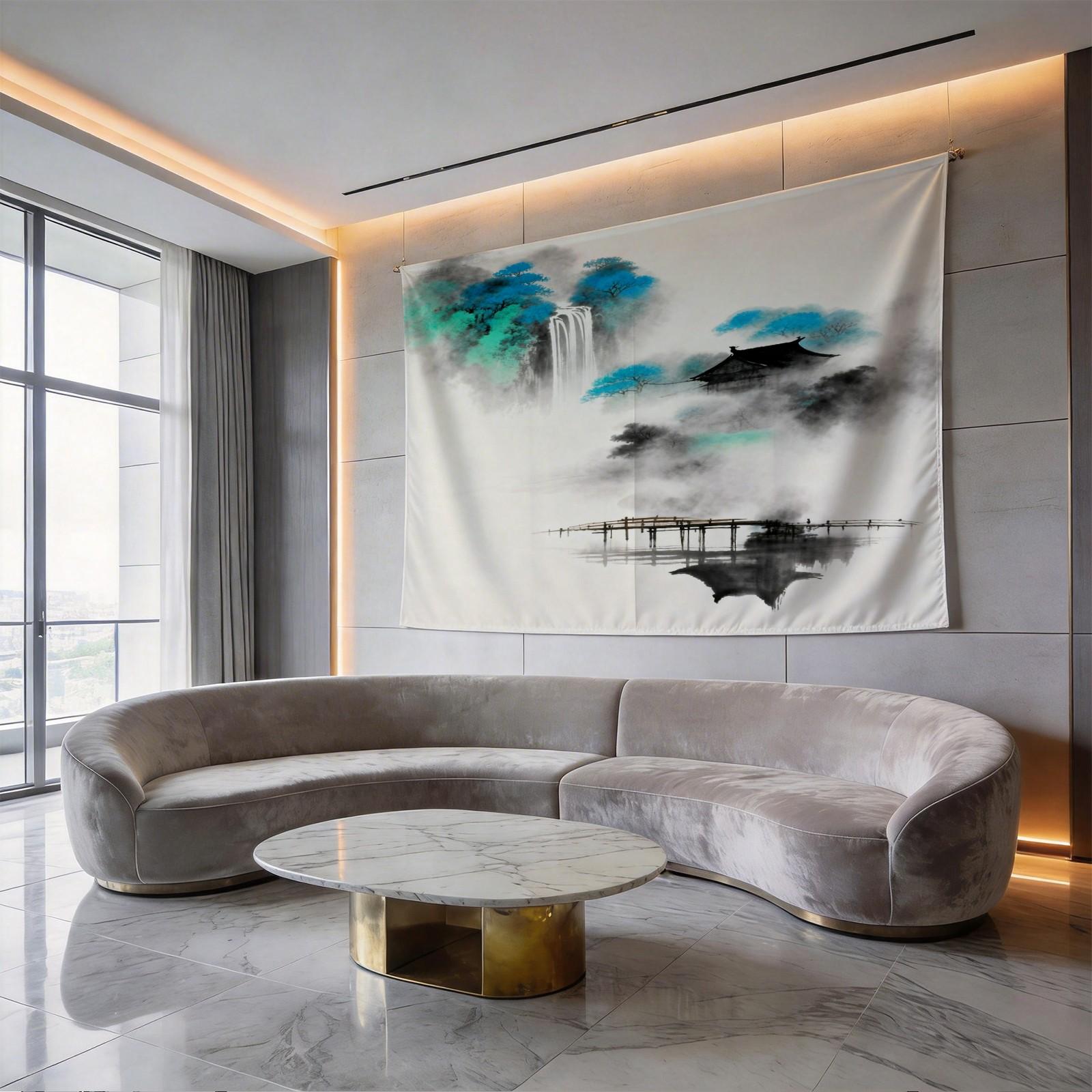 1 Piece Asian Ink Wash Mountain Landscape Printed Tapestry, Ink Wash Style Wall Hanging, HD Digital Print Living Room Bedroom Wall Tapestry, Fadeless Machine Washable Wall Decor, Multi-Purpose All-Season Tapestry for Living Room Bedroom