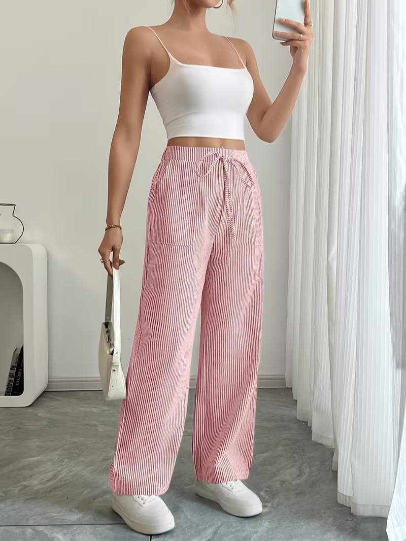 New Style Wide Leg Pants with Side Pockets, Casual Striped Print Loose Drawstring Waist, Women's Fashion Joggers