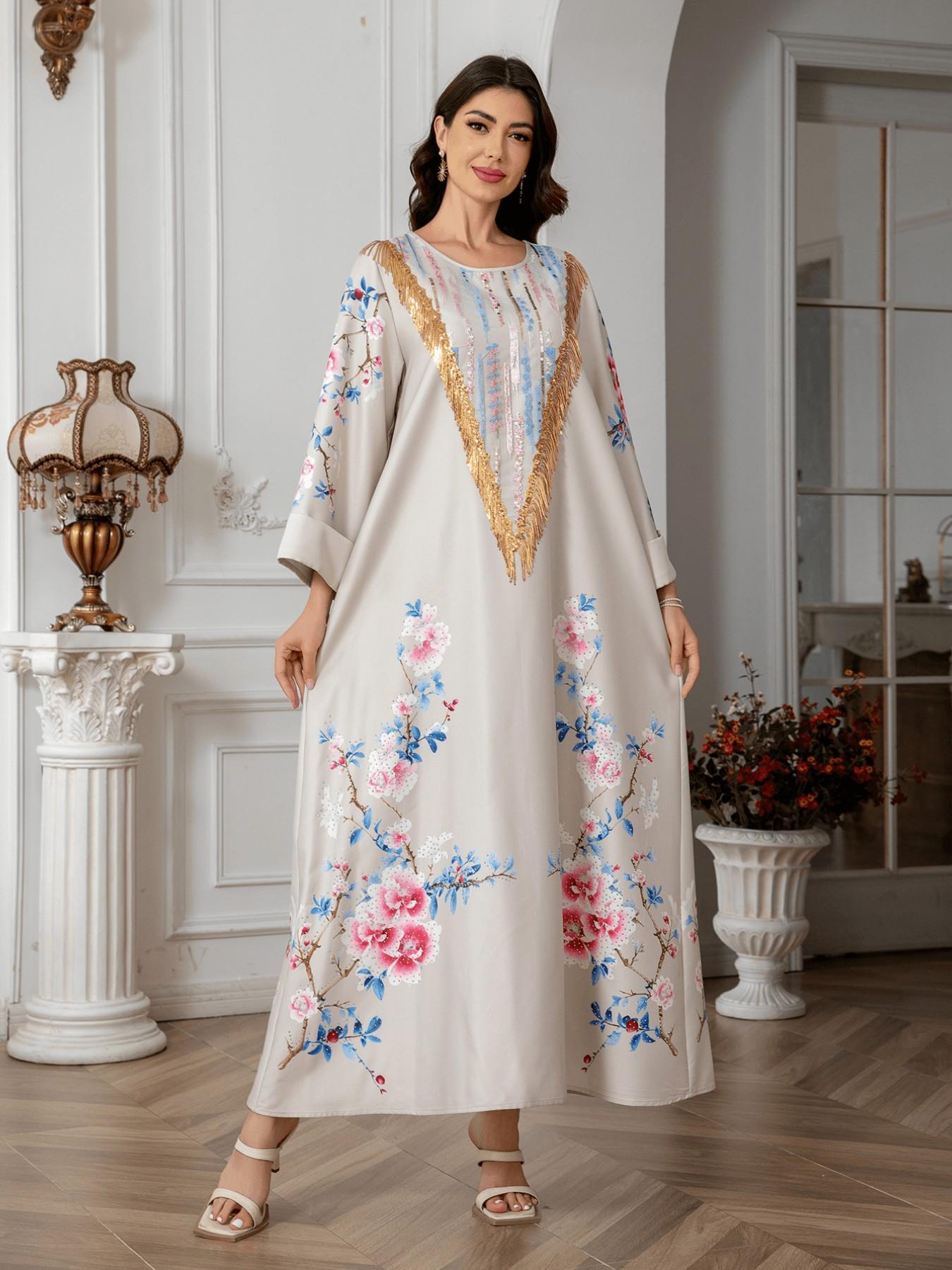 Cross - border Muslim Middle Eastern women's printed long dresses, foreign trade dresses, evening gowns with sequins