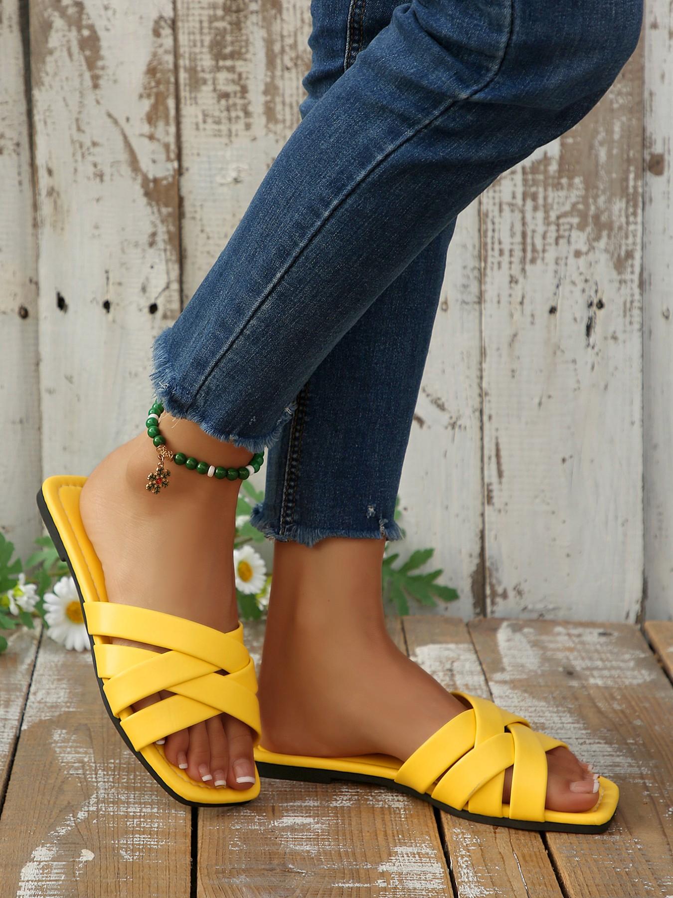 Women's Flat Square Toe Cross-Over Braided Slip-On Shoes, Comfortable Outerwear Footwear, Stylish and Practical Design for Daily Wear