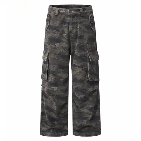 Men's Vintage Washed Urban Camouflage Cargo Pants - Classic Button Closure, Belt Loops, Multi-Flap Side Pockets, Retro Rugged Aesthetic, Casual Streetwear Bottoms for Daily Outdoor Use, SoHoChic Fashion