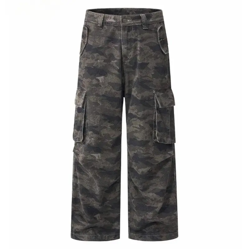 Men's Vintage Washed Urban Camouflage Cargo Pants - Classic Button Closure, Belt Loops, Multi-Flap Side Pockets, Retro Rugged Aesthetic, Casual Streetwear Bottoms for Daily Outdoor Use, SoHoChic Fashion