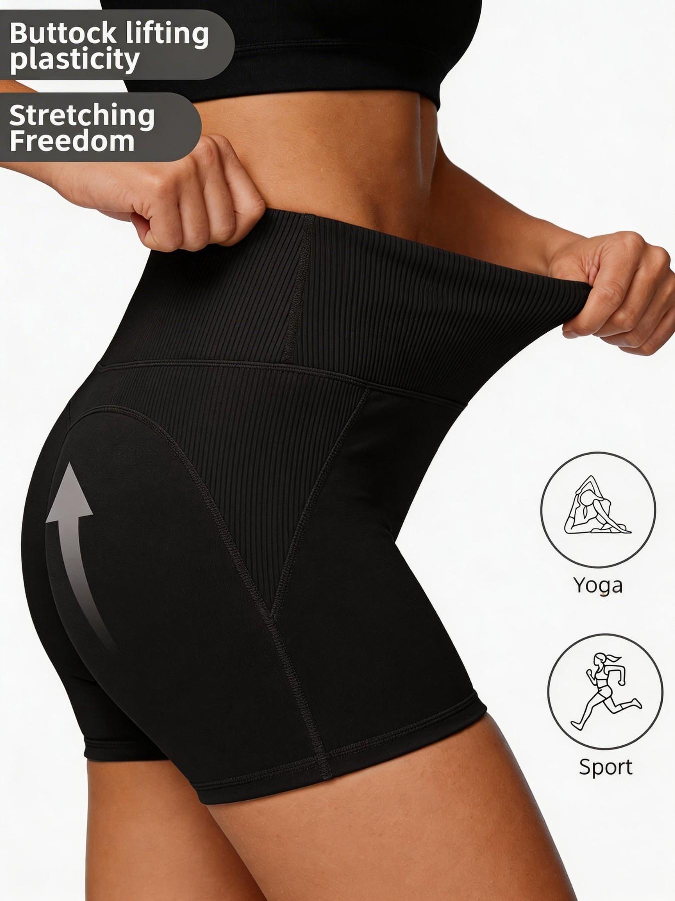 Women's High Waist Yoga Shorts, Ribbed Waist Tummy Control Butt Lift Gym Shorts, Four Way Stretch Anti-See Through Fitness Running Shorts