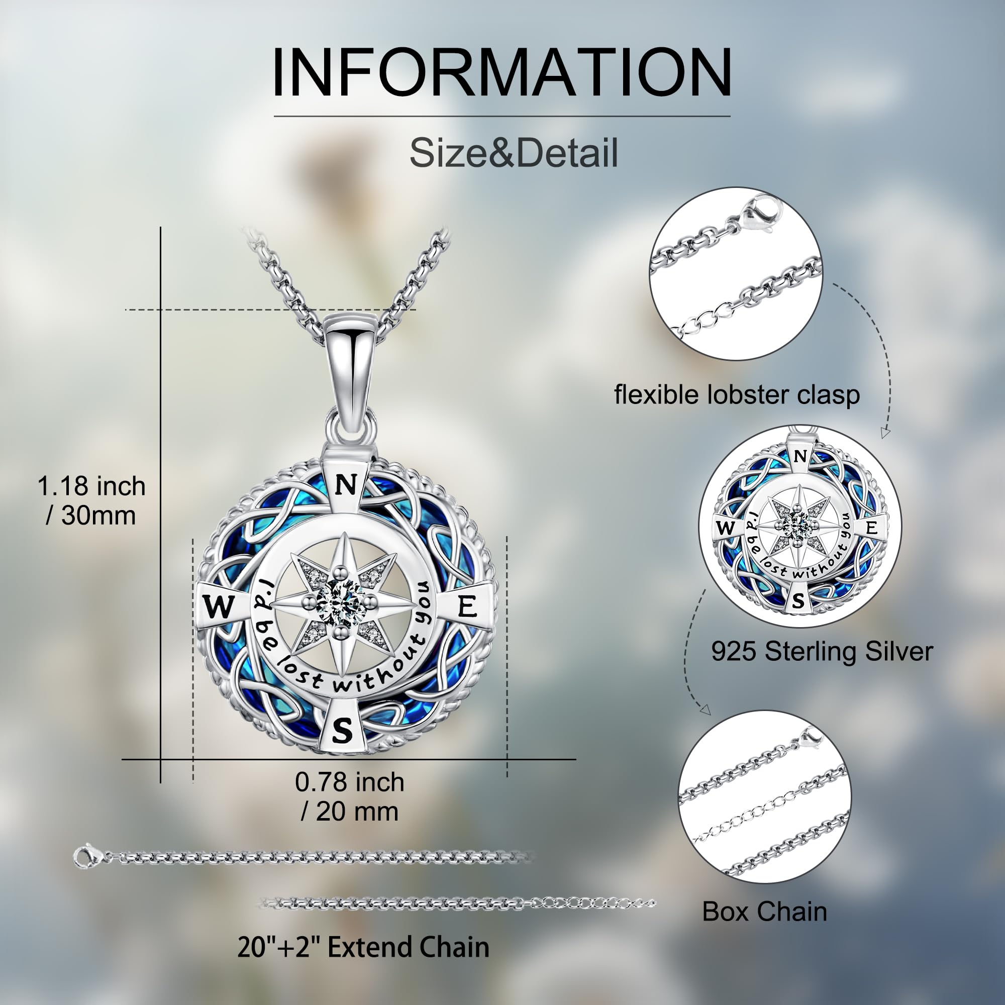 DRINSPER S925 Vegvísir Necklace Viking Compass Necklace 925 Sterling Silver Pendant Crystal inlayed Viking Jewelry for Pagan for Auspicious for Men Women