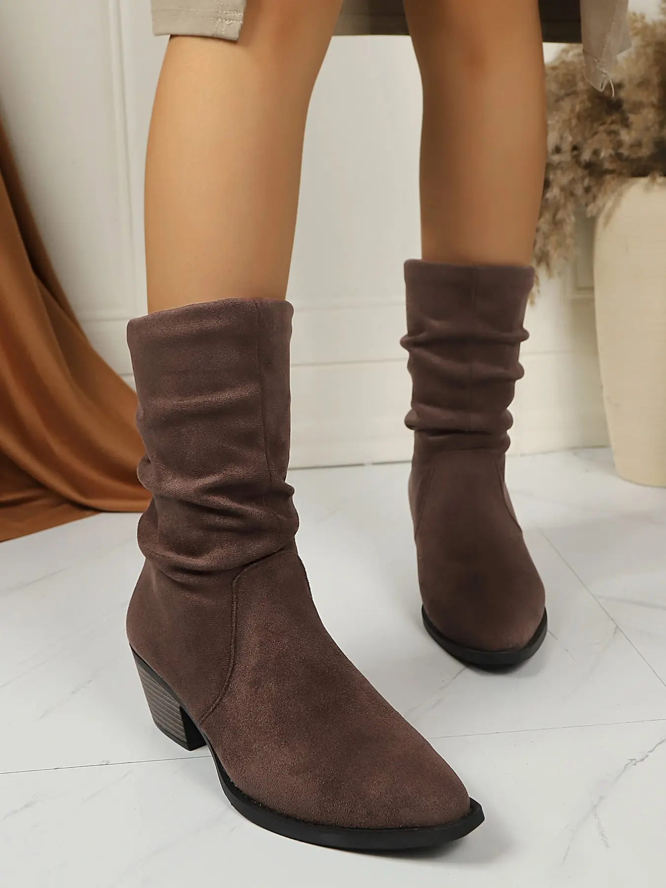 Women's Mid-Calf Boot, Vintage Thick Heel Pointed Toe Western Boot, Spring Fall Simple Sandpaper Finish Fashion Boot