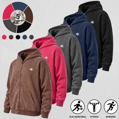 Men's Vintage Washed Full-Zip Hoodie - Cotton Blend Menswear Top, Relaxed Drop-Shoulder Long-Sleeve Casual Wear, Subtle Star Graphic, Front Kangaroo Pocket, Plain Sports Outerwear for Street/Everyday, 1/3/4-Piece Options, Drop Style Men's Hoodies