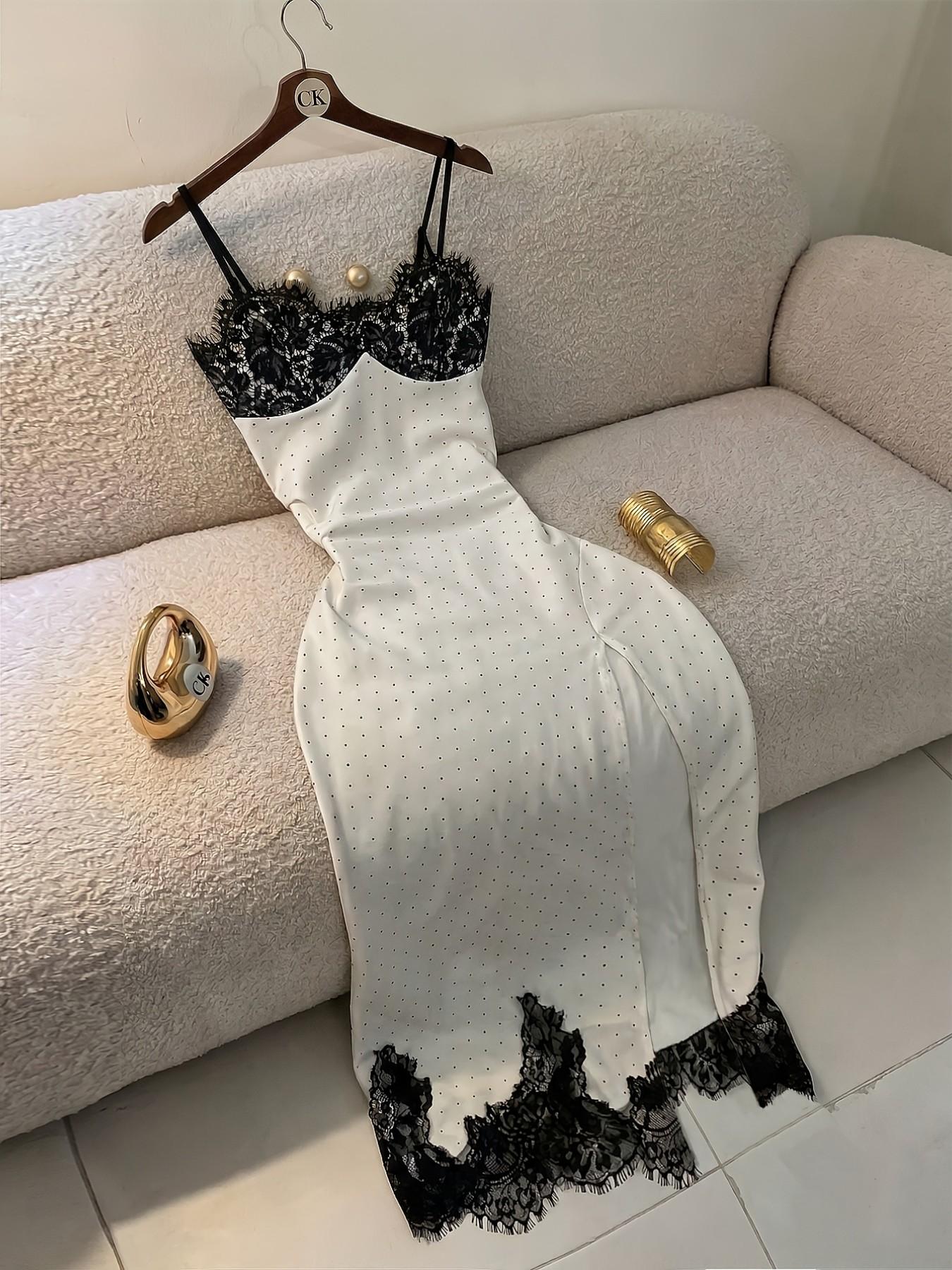 French Vintage Polka Dot Strapless Long Dress, Lace Trim V Neck, High Split Slit Design, Slimming Fit Pure Desire Style Dress, Aesthetic