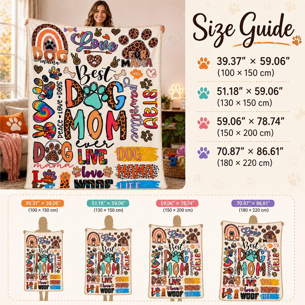 Dog Mom Flannel Blanket with Colorful Paw Prints, Soft Cozy Warm Fleece Throw, Graphic Throw Blanket, Cute Pet Lover Gift for Dog Moms and Animal Lovers, Soft Blankets