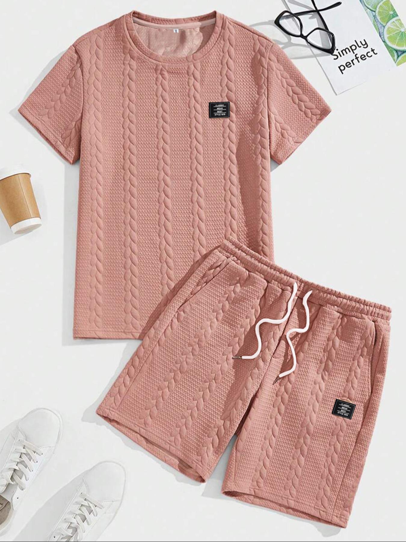 Men's Solid Textured Patched Tee & Drawstring Waist Shorts Set, Regular Fit Casual Round Neck Short Sleeve T-shirt & Pocket Shorts, Men's Summer Clothes