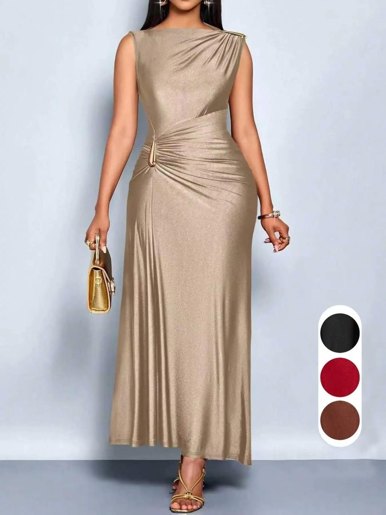Summer Champagne Color Asymmetric Metal Buckle Dress, Sleeveless Cut Ruched Waist Long Dress, High-End Knit Satin Evening Gown, Slimming Flowy Dress, Formal Chic Formal Wear