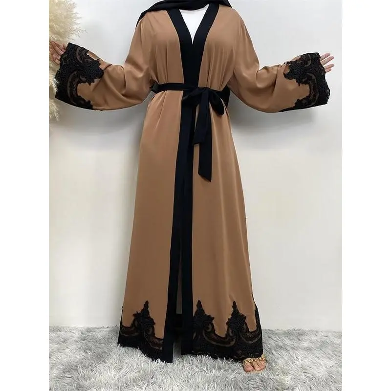 Arabic Clothing-Contrast Lace Long Sleeve Belted Abaya, Contrast Binding Muslim Dress With Belt, Women's Islamic Clothing, Summer Outfits 2024