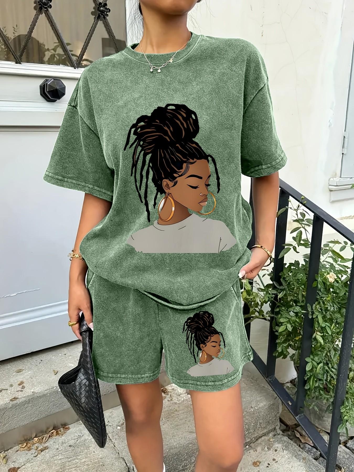 Matching set featuring a washed, distressed texture and a unique "Black girl" portrait print; durable and built for frequent daily wear. Loose, casual fit—perfect for effortless styling, whether lounging at home or heading out. Round neck Women