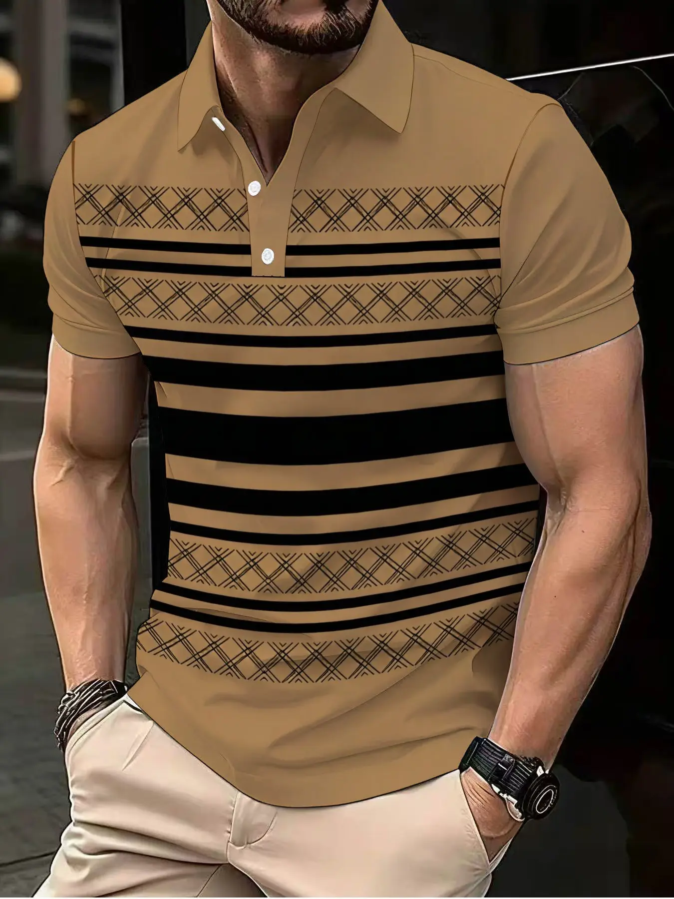 Men's khaki striped argyle print short-sleeve lapel polo shirt