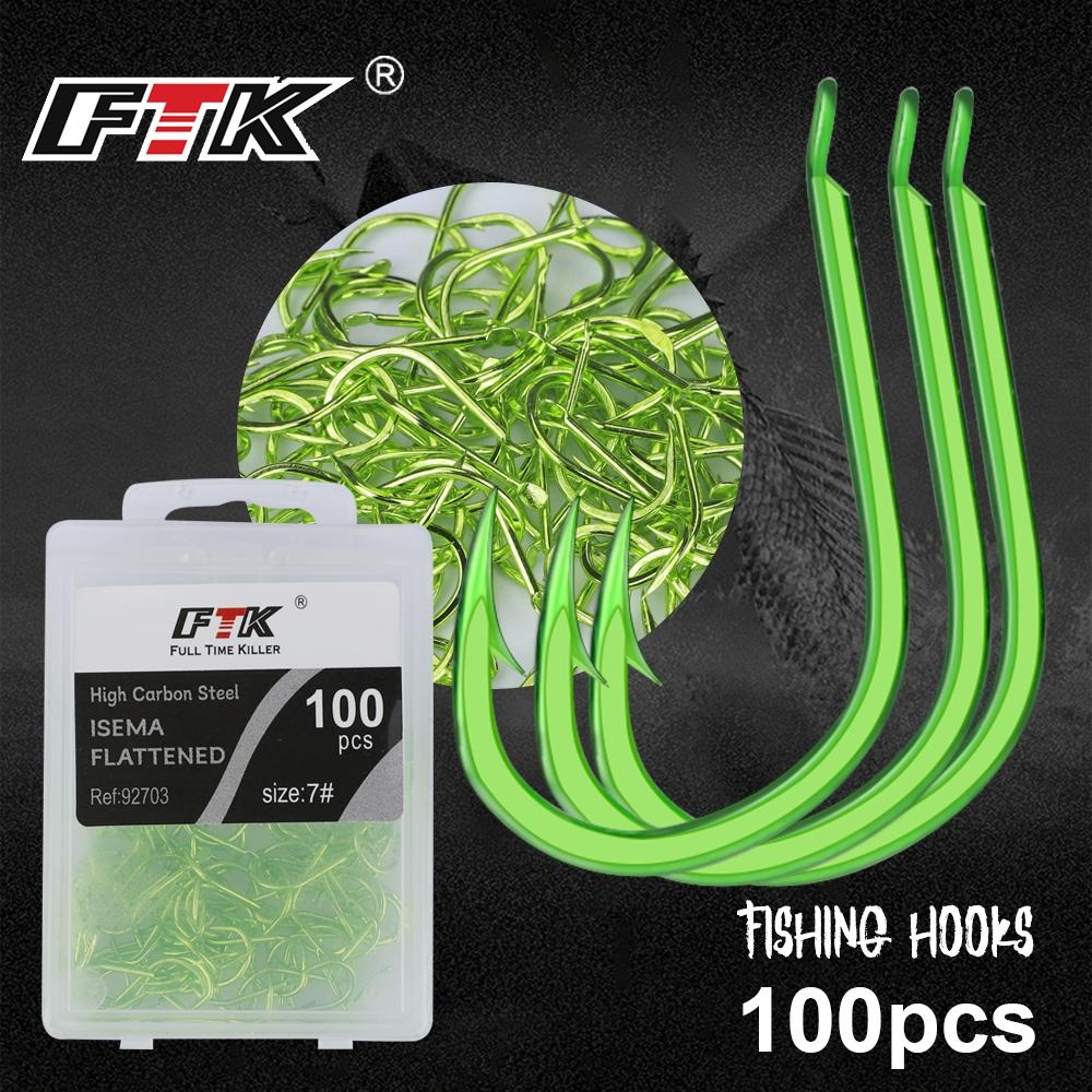FTK Ise-Ni Fishing Hooks, Fluorescent Green, Flattened, 100pcs Stainless Steel, High-Carbon Steel, Barbed