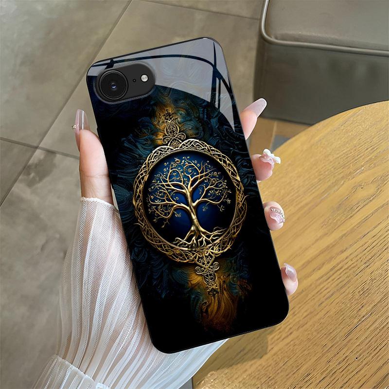 Suitable for [iPhone 16e] high-end phone case🤩， high-end patterns，blue and gold tree of life pattern new black phone，drop-resistant and fingerprint-proof YM99