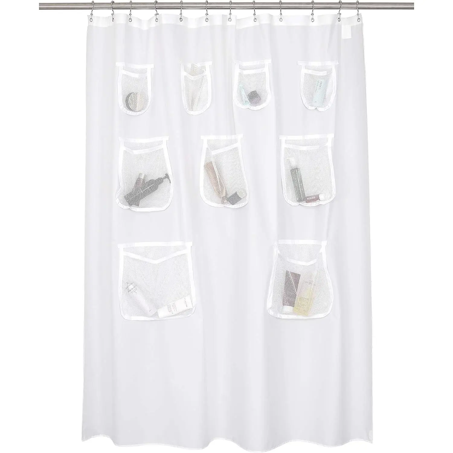 Fabric Shower Curtain or Liner with Pockets, White, 71x72 | 9 Mesh Pockets, Water Repellent, Machine Washable Shower Liner for Bathroom, Standard Size