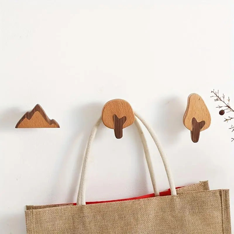 1pc LEEAN Rustic Wooden Wall Hook - No-Drill Adhesive Mount, Cartoon Tree Design, Handcrafted Beechwood, Space-Saving for Coats, Hats, Towels - Bedroom Storage Decor, Playful Home Accent