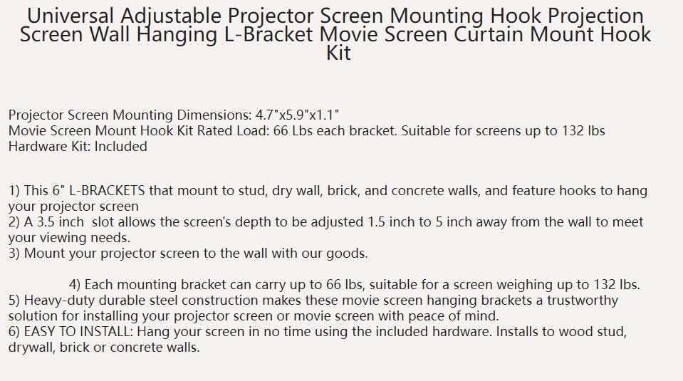 Universal Adjustable Projector Screen Mounting Hook Projection Screen Wall Hanging L-Bracket Movie Screen Curtain Mount Hook Kit
