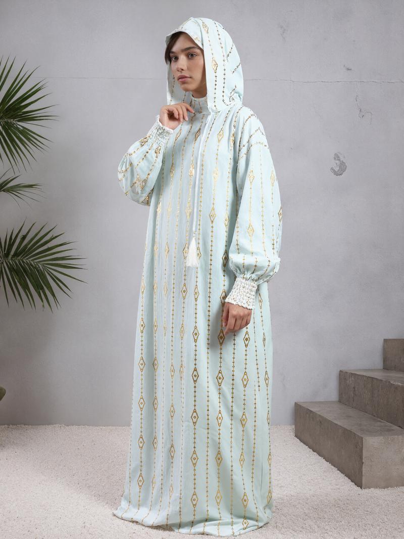 Islamic Abaya Kaftan Dress for Women 100% Cotton Soft Double Hat Cape Style Dubai Turkish Design Modest Outfit for Ramadan & Eid Loose Fit Modesty Muslim Clothing