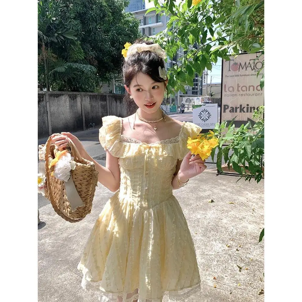 Kawaii Japanese Dress Lolita Y2k Sweet Blue Floral Dress Women Casual Evening Party One Piece Dress Korean Fashion Summer 2025