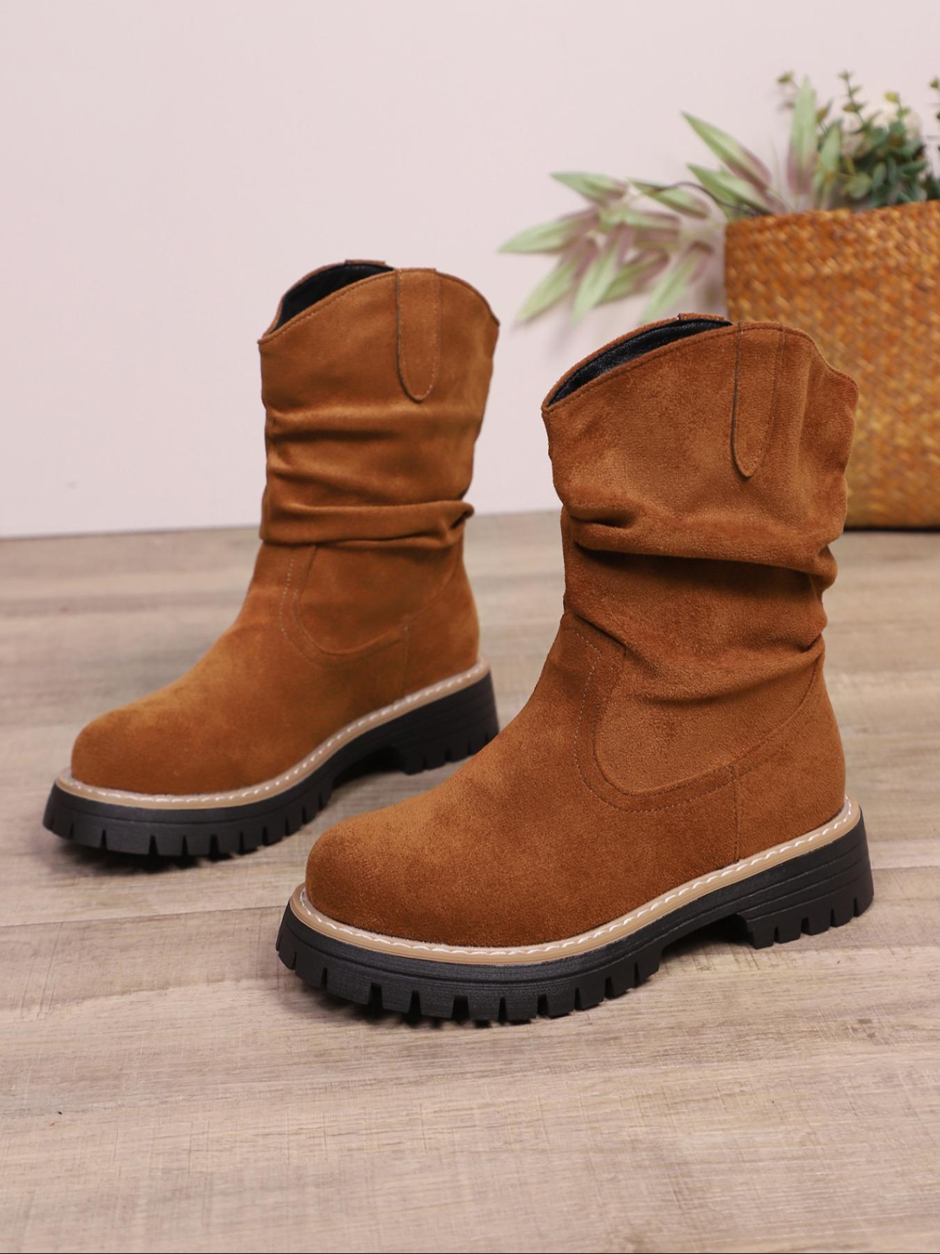 Women's new style pleated design fashionable warm outdoor solid color stretch velvet long boots, trendy mid-calf vintage denim boots, combat boots, motorcycle boots, Western Cowboy Boot, Western Inspired Boots, Footwear