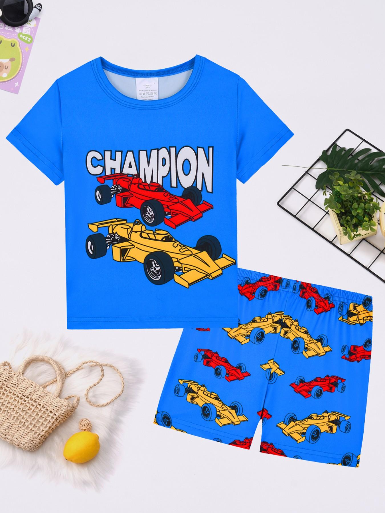Boys' Short Sleeve Pajama Set, Cartoon Race Car Print, Casual Home Wear, Elastic Waist, H-Type Silhouette, 2-Piece