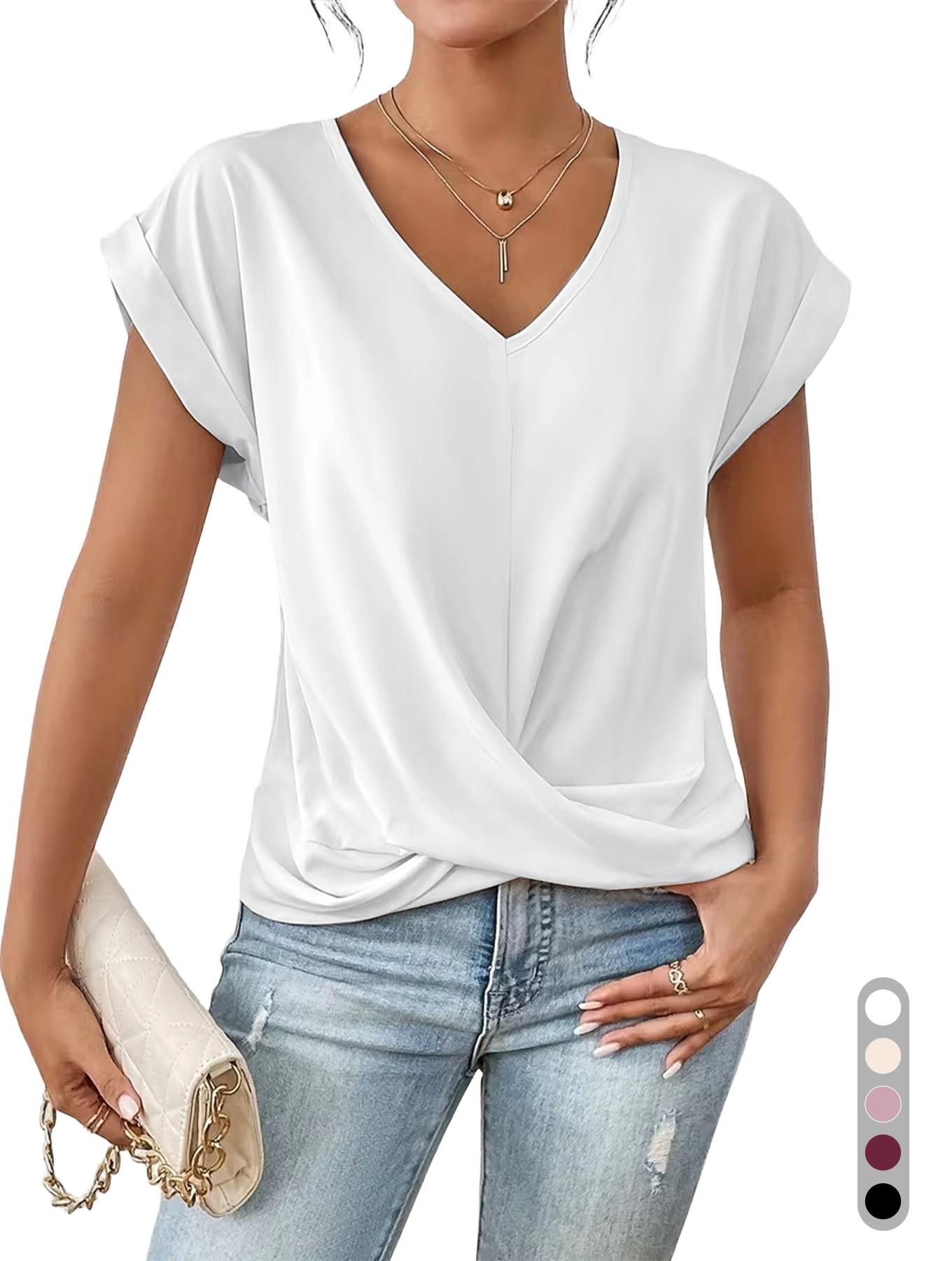 2026 Women's V Neck Twist Front Blouse, Sexy Ruched Waist, Short Sleeve, Casual Top, Tummy Control, Leg-Lengthening, Office Shirt