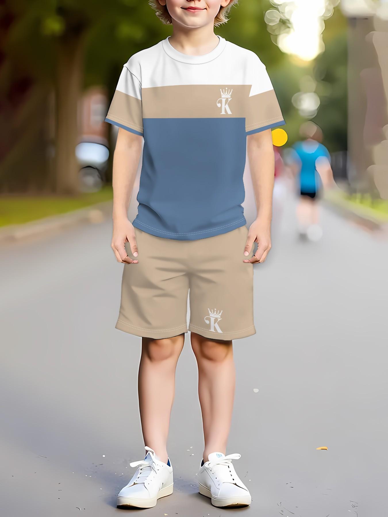 Summer Casual Set, Boy Short Sleeve T-Shirt with Shorts, Comfortable Breathable Sporty, Multi-Color Design, Essential for Daily Wear, Graphic Print Set