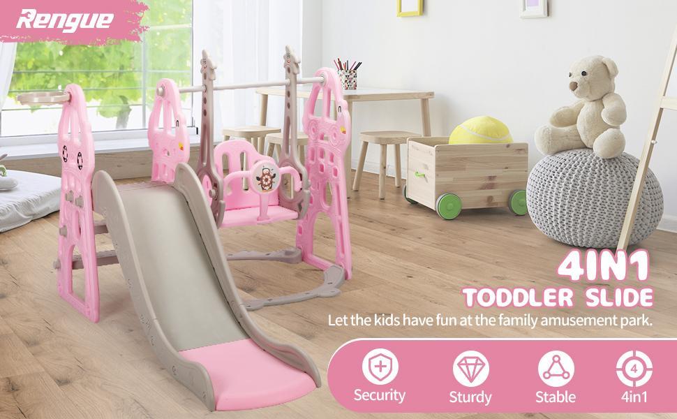 Rengue 4 in 1 Kids Slide and Swing Set, Indoor/Outdoor Playground for Toddlers 1-6 Kids Baby with Basketball Hoop, Climber Slide Toddlers Playset for Boys and Girls Backyard Playground Rengue 4 in 1 Kids Slide and Swing Set, Indoor/Outdoor Playground for Toddlers 1-6 Kids Baby with Basketball Hoop, Climber Slide Toddlers Playset for Boys and Girls Backyard Playground
