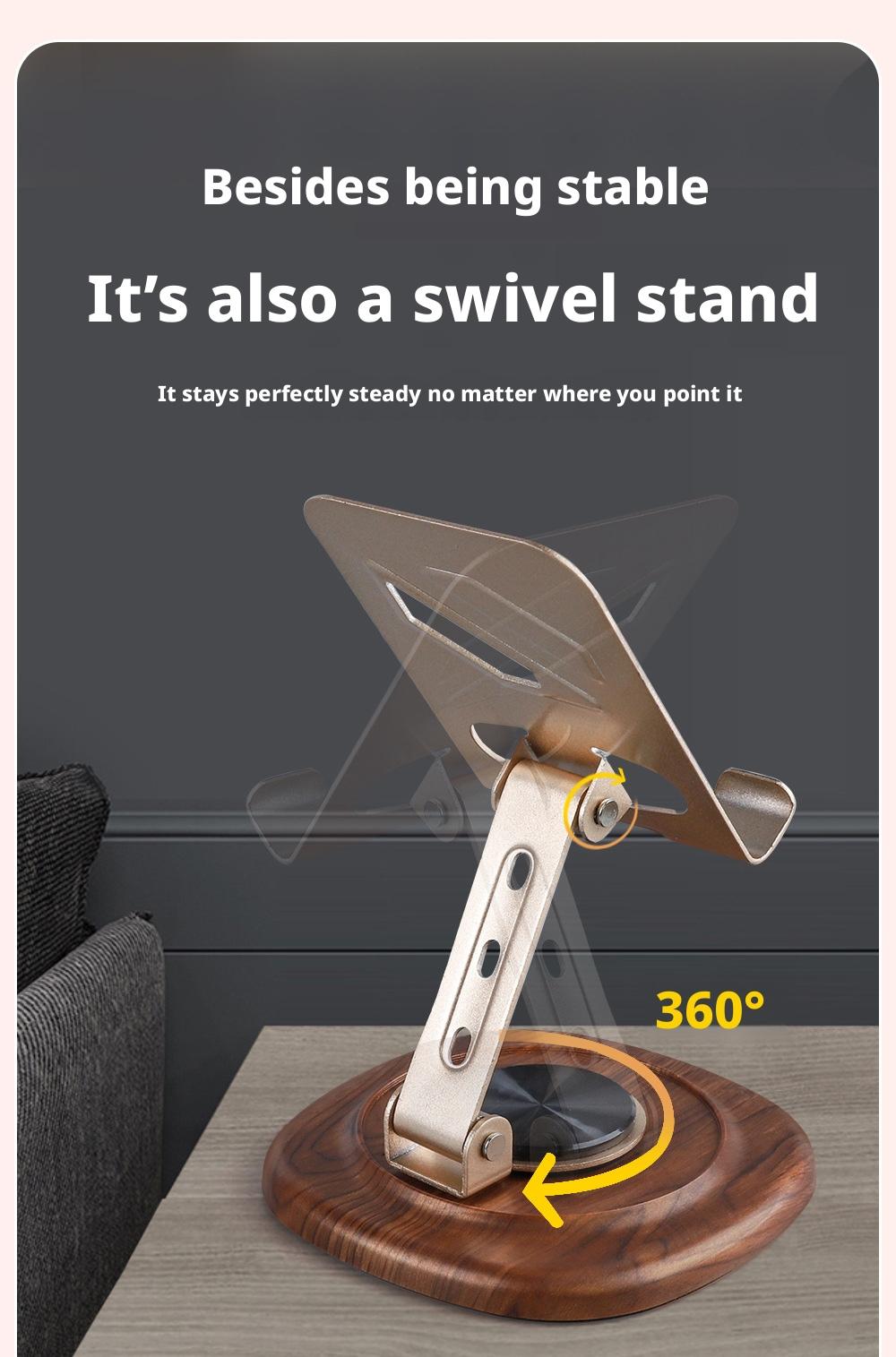 Metal Wood-Grain Stand｜360° Dual-Damper & Foldable
