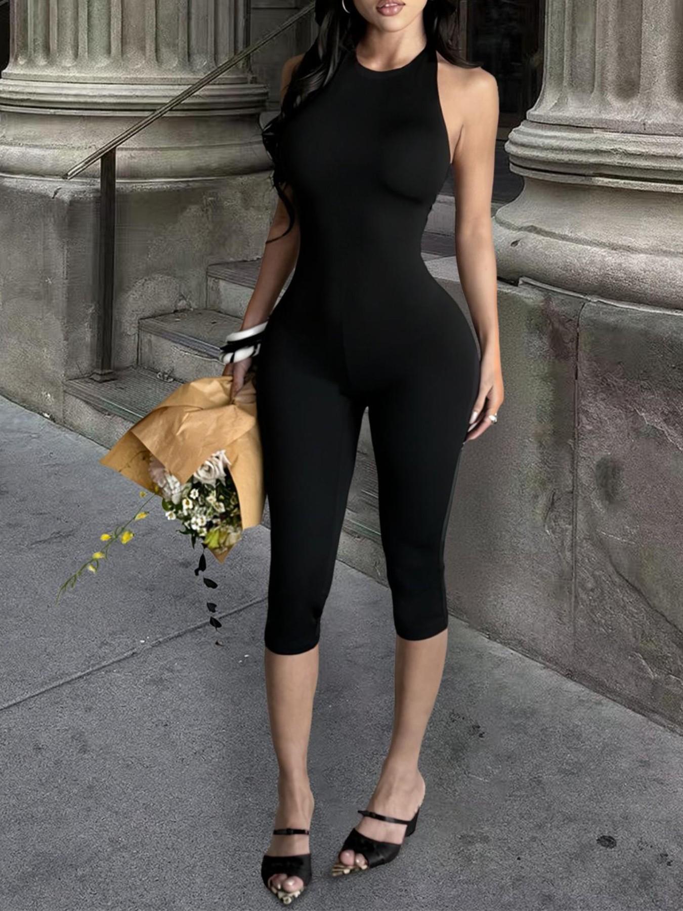 Women Black Halter Capri Nightclub Style Jumpsuit Sleeveless Bodycon One Piece Outfit Sexy Chic Backless Slim Fit Catsuit Casual Stretchy Romper Elegant Going Out Clubwear Yoga Loungewear Sculpting Unitard