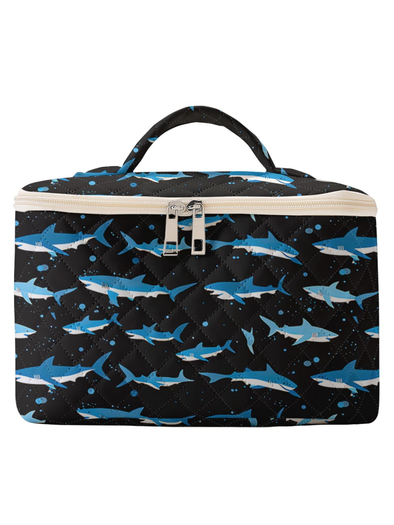 1 piece of shark pattern print 2D printed portable travel makeup, brush, and accessory organizer, storage box toolbox, large capacity travel toiletry storage bag, cute and fashionable makeup bag