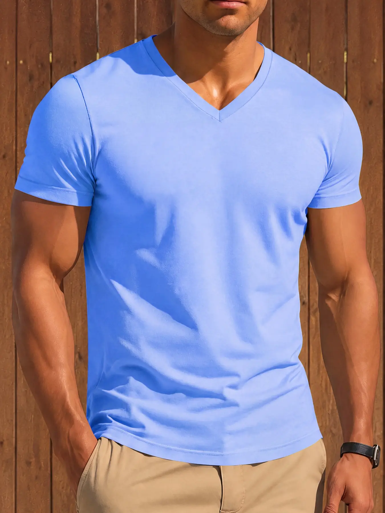 Men's Sky Blue Cotton V-Neck Short Sleeve T-Shirt, Solid Color Casual Basic Top, Summer Daily Wear, Comfortable and Stylish