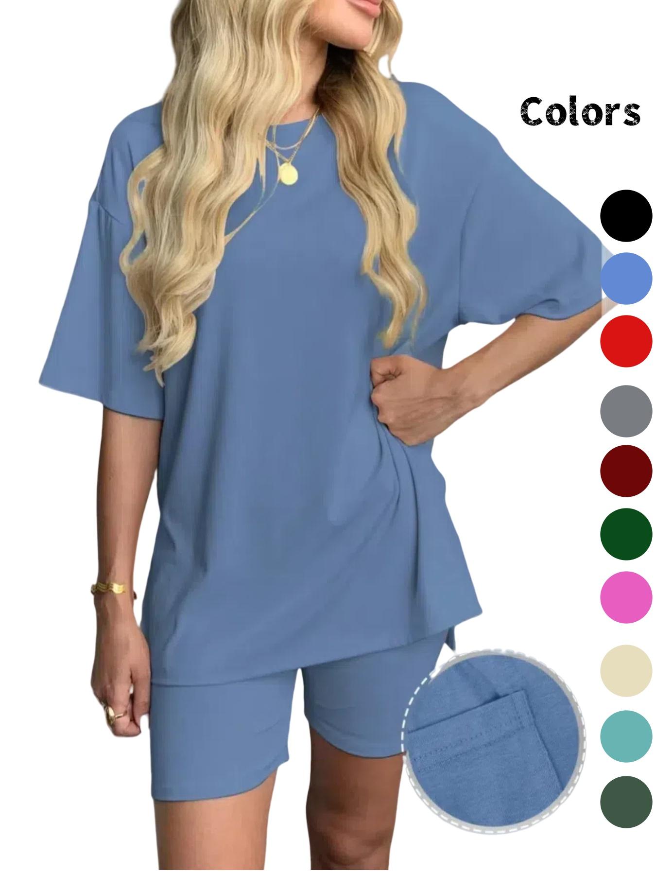 Women's solid color T-shirt and fitted shorts loungewear set, summer casual comfortable round-neck pajamas with pockets, loose fit, affordable women's sleepwear