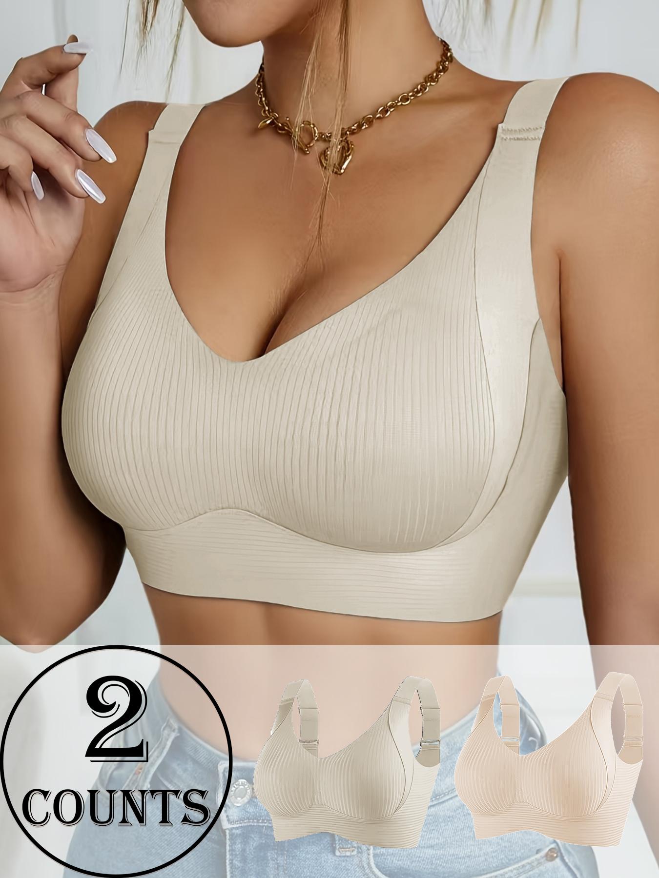 Women's Seamless Wireless Bra, Adjustable Wide Shoulder Straps, Comfortable Breathable Daily Wear, Ribbed Stripe Design