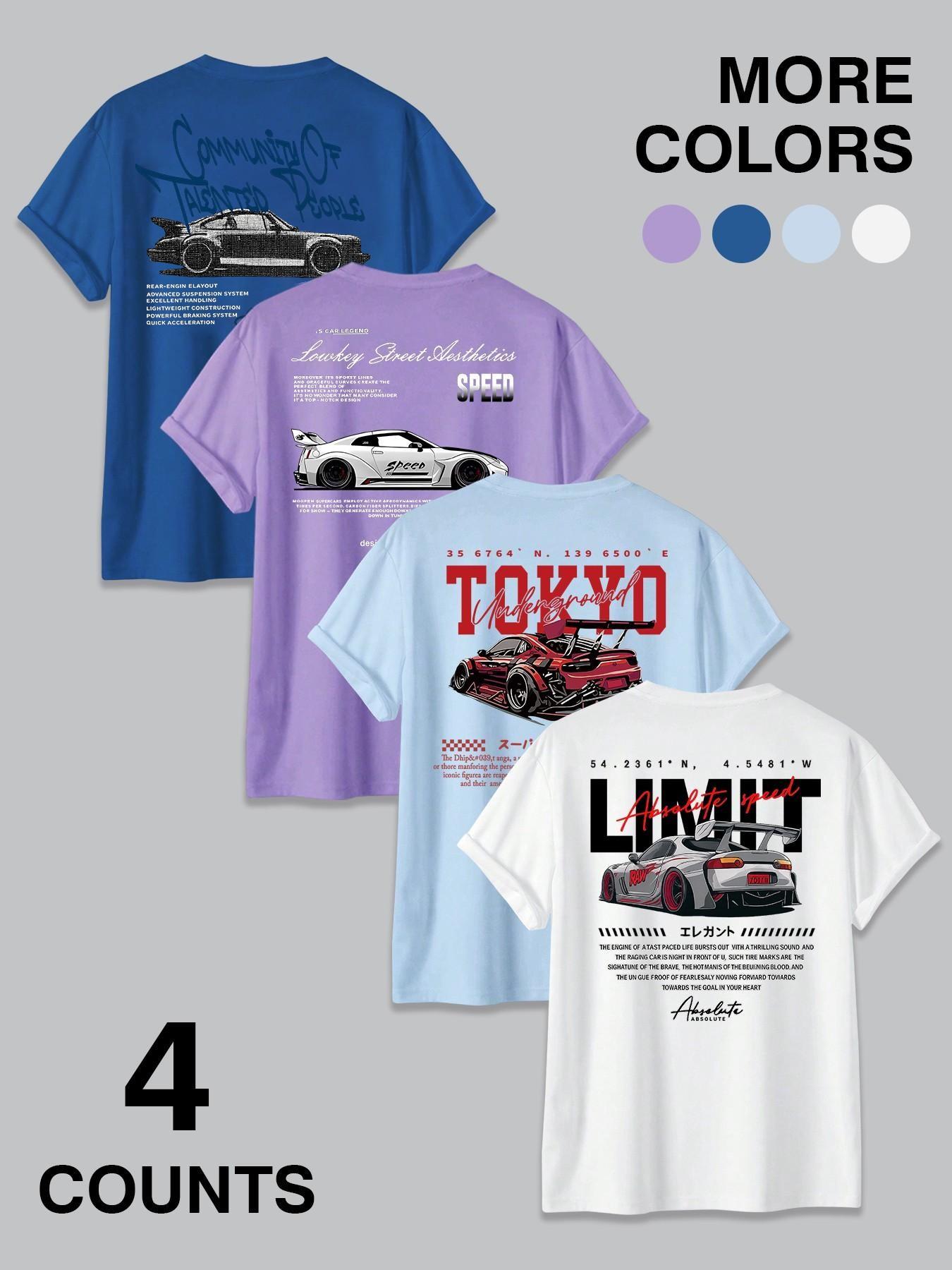 4-Pack JDM Car & Tokyo Street Aesthetic Graphic T-Shirts | Racing Streetwear Casual Tees Set