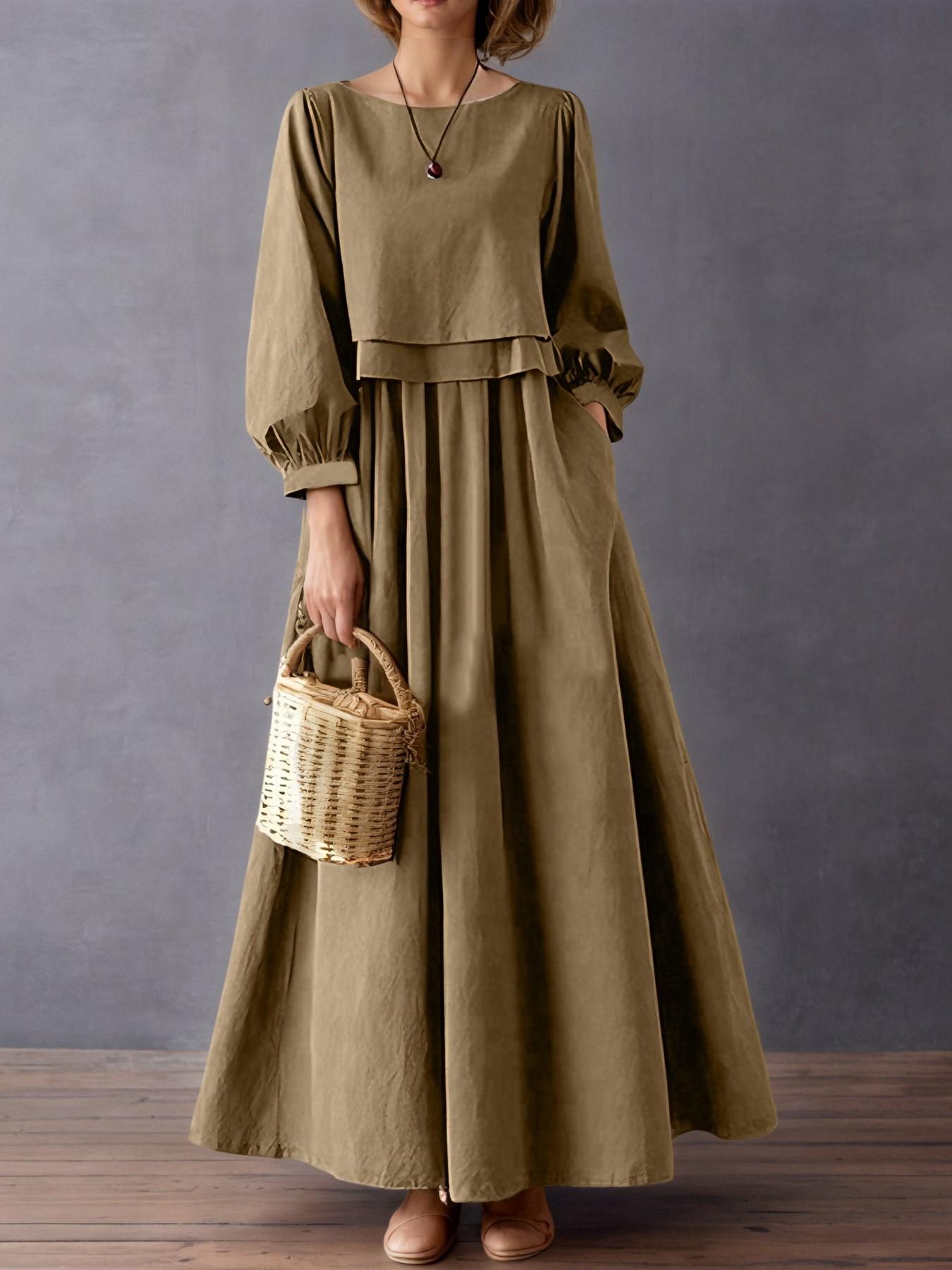 Women's Casual Long Sleeve Dress, Pure Color A-Line Design, Autumn Retro Style, Comfortable and Stylish, Perfect for Daily Wear