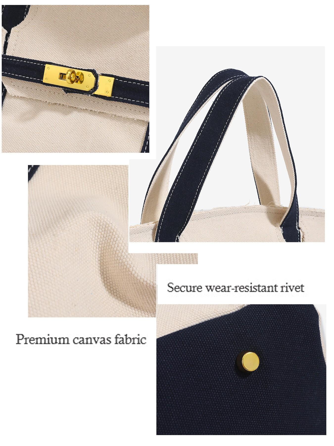 New High-End Canvas Colorblock Handbag, Fashion Patterned Bag, Large Capacity Commuter Tote Bag, Versatile and Stylish, Perfect for Daily Use