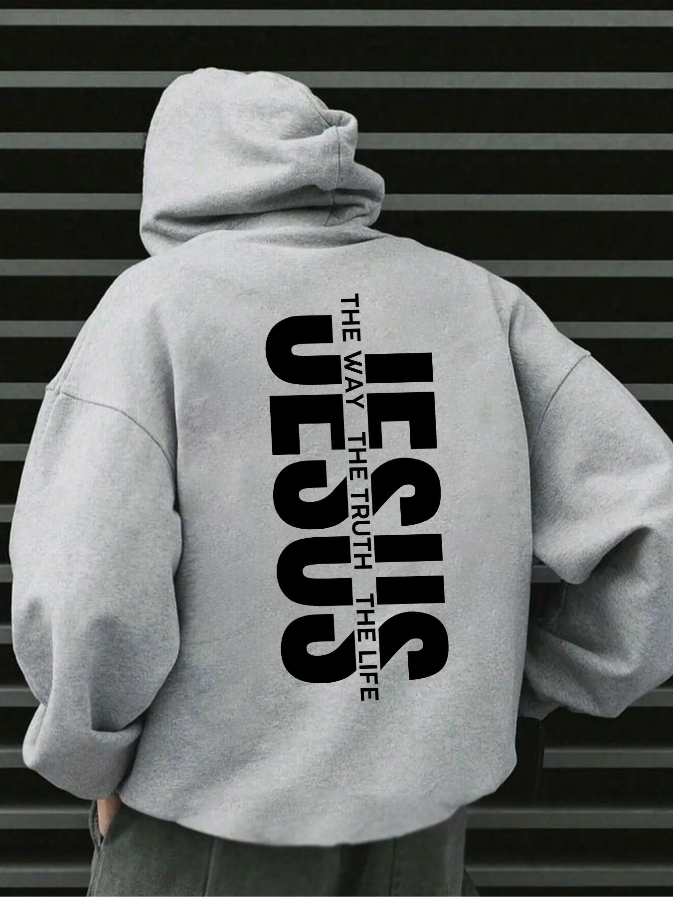 Men's Jesus The Way The Truth The Life Letter Print Knitted Hoodie, Regular Fit Casual Long Sleeve Graphic Hooded Sweatshirt for Daily Wear, Men's Clothes for Fall & Winter