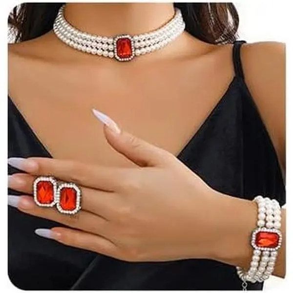 Wekicic Faux  Necklace Earrings Set for Women   Choker Necklace Bracelet Set 1920s  for Wedding Party