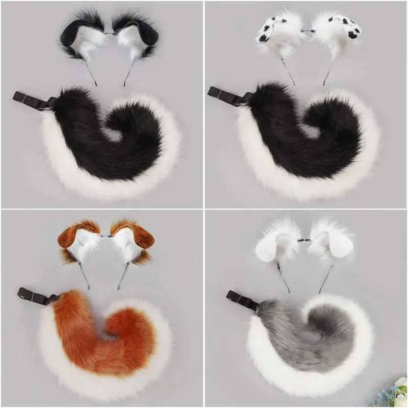 2Pcs/set Shepherd Dog Ear Hairband Tail Shiba Lnu Ear Plush Animal Dog Role Playing Cosplay Accessories Pet Puppy Ear Tail