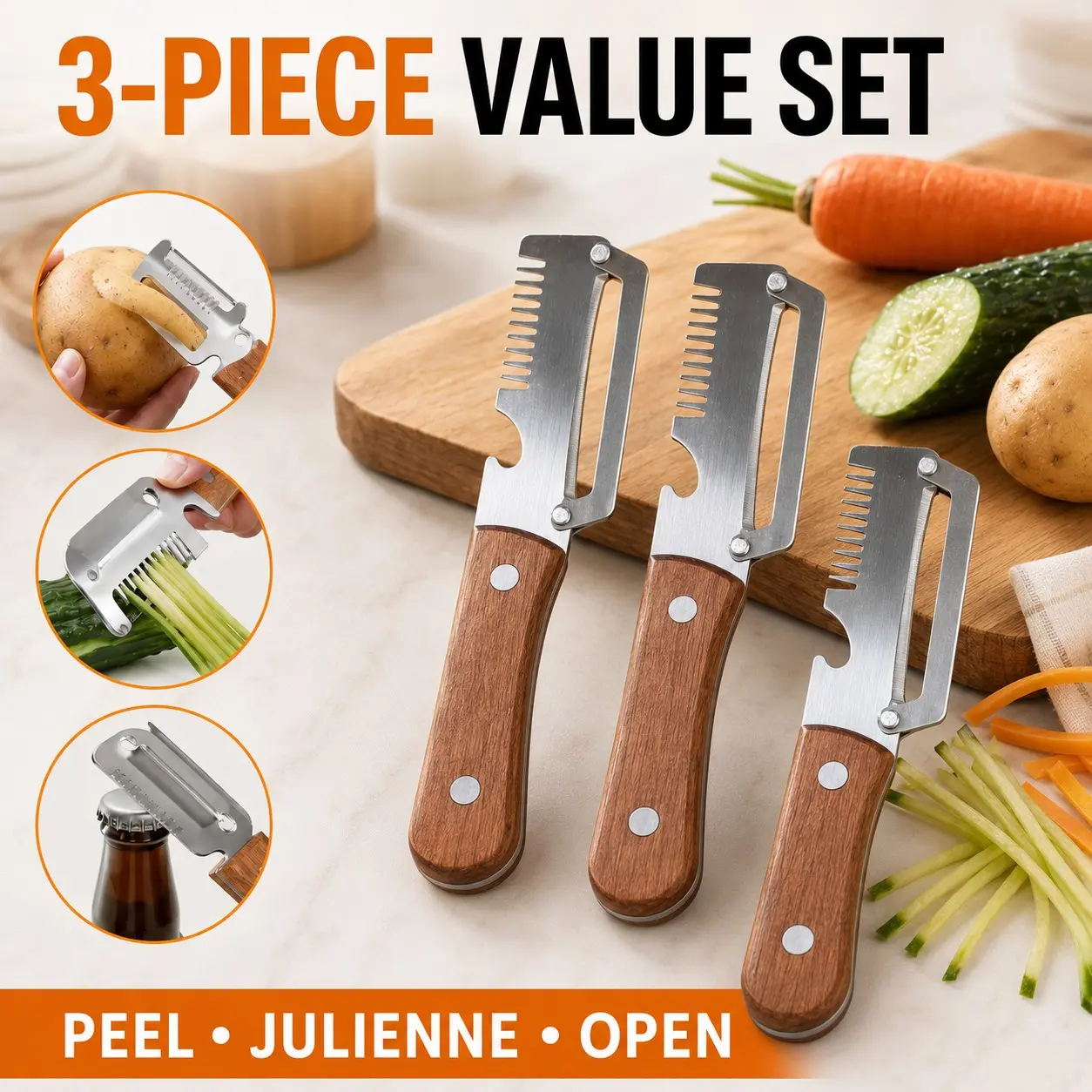 3-Pack 3-In-1 Wooden Handle Vegetable Peelers, Stainless Steel Wide Blade, Julienne Slicer Shredder, Multi-Function Kitchen Tool Set