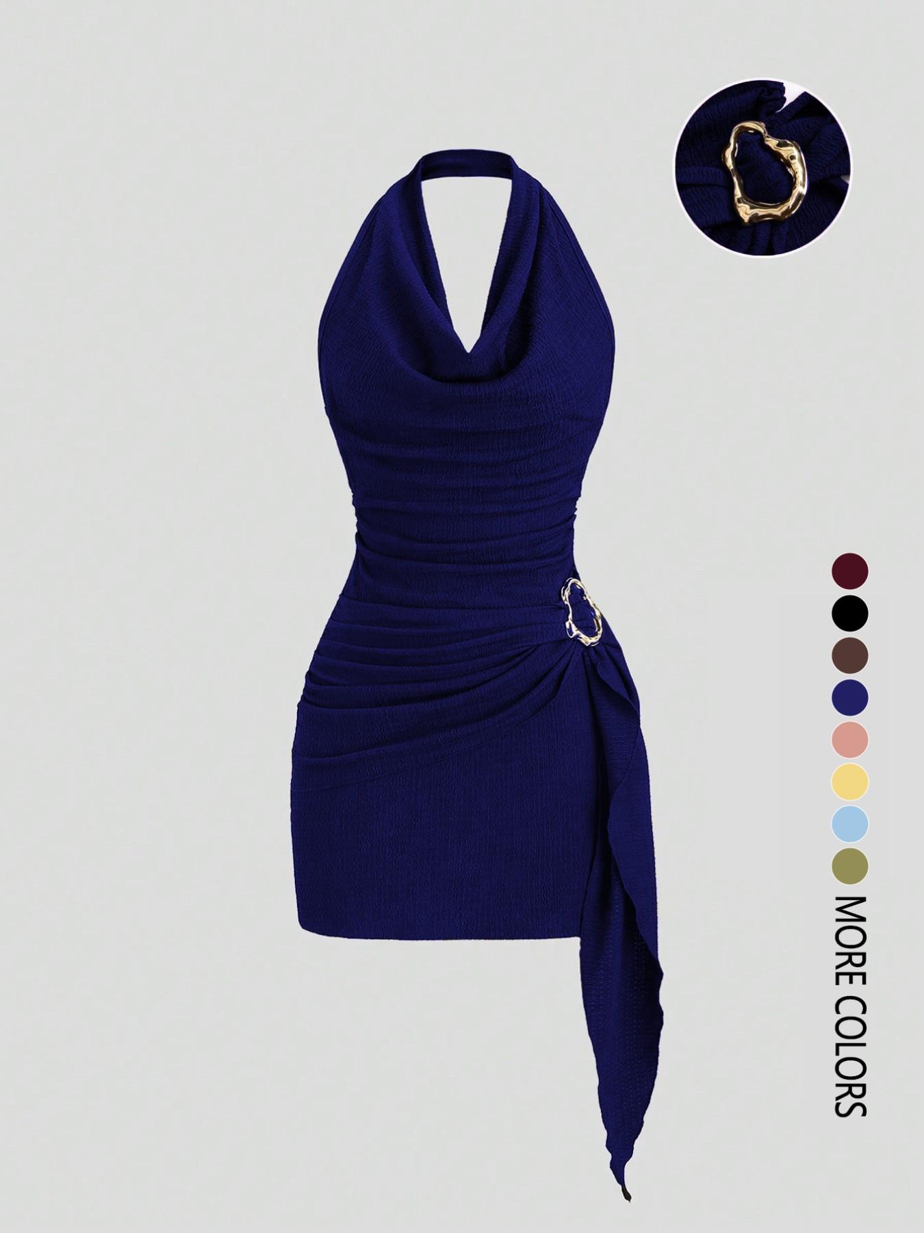 Women's Fashion Solid Color Ruched Halter Dress, Casual Office Wear, Elegant Backless Design, Perfect for Daily Wear, Stylish and Comfortable Dress